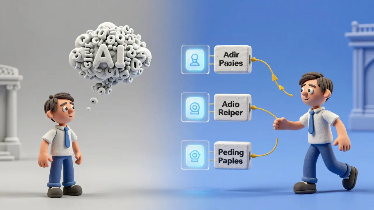 Comparaison en argile entre une IA monolithique chaotique et un système modulaire organisé.