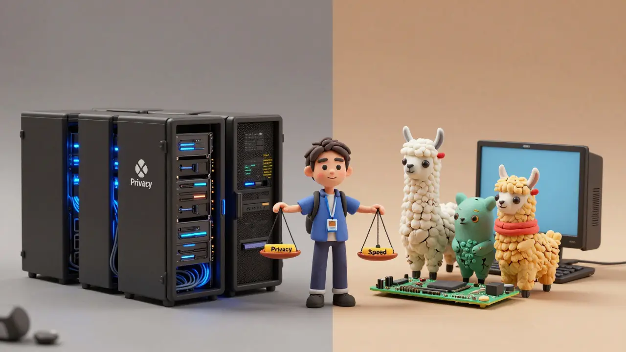 Comparaison en argile : serveur cloud froid vs ordinateur local chaleureux avec des modèles d'IA amicaux.