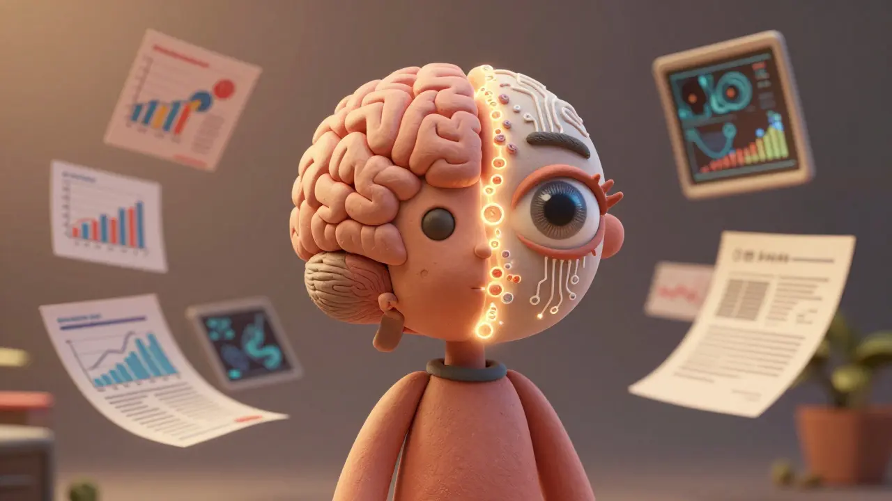 Hybrid AI model merging text and vision capabilities, with floating documents dissolving into each other.