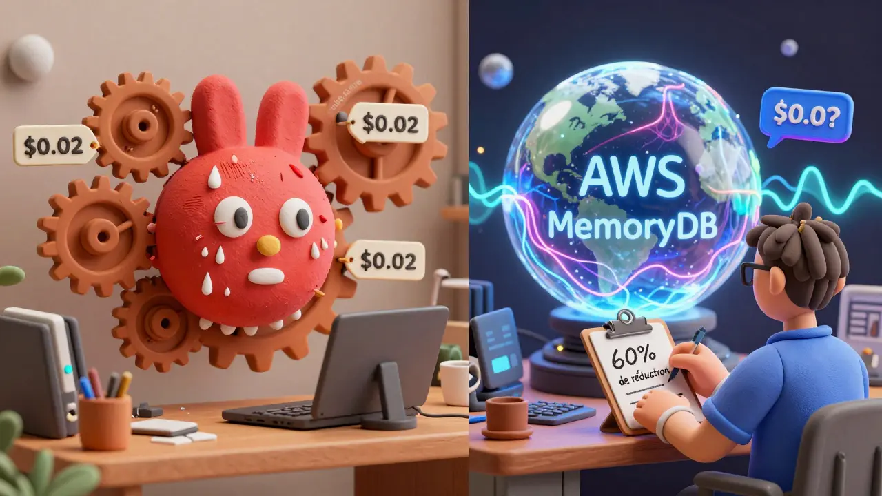 Scène divisée : Redis avec des engrenages coûteux d'un côté, MemoryDB avec des ondes vectorielles de l'autre.