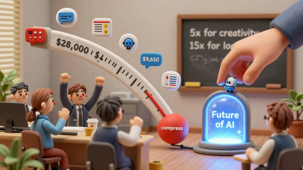 Un bureau en argile où les coûts d'IA chutent, avec des icônes réduites en boules compactes.