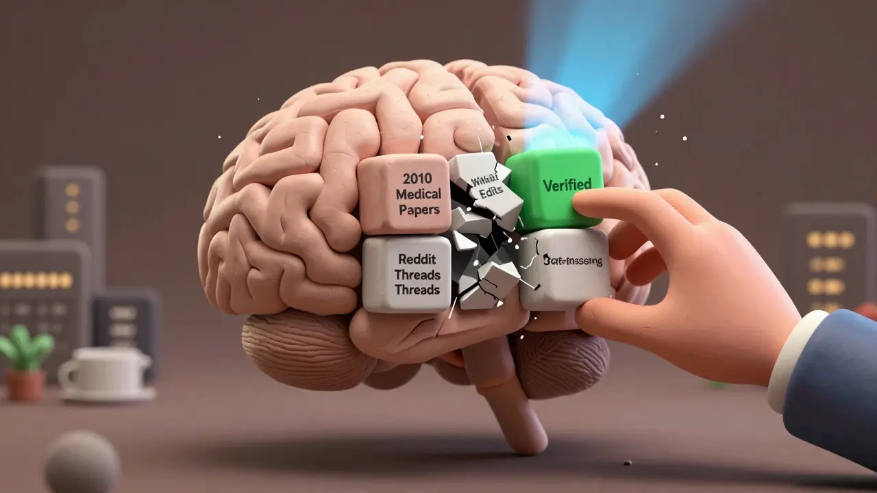 Un cerveau en argile composé de données corrompues, en cours de réparation par une main externe.