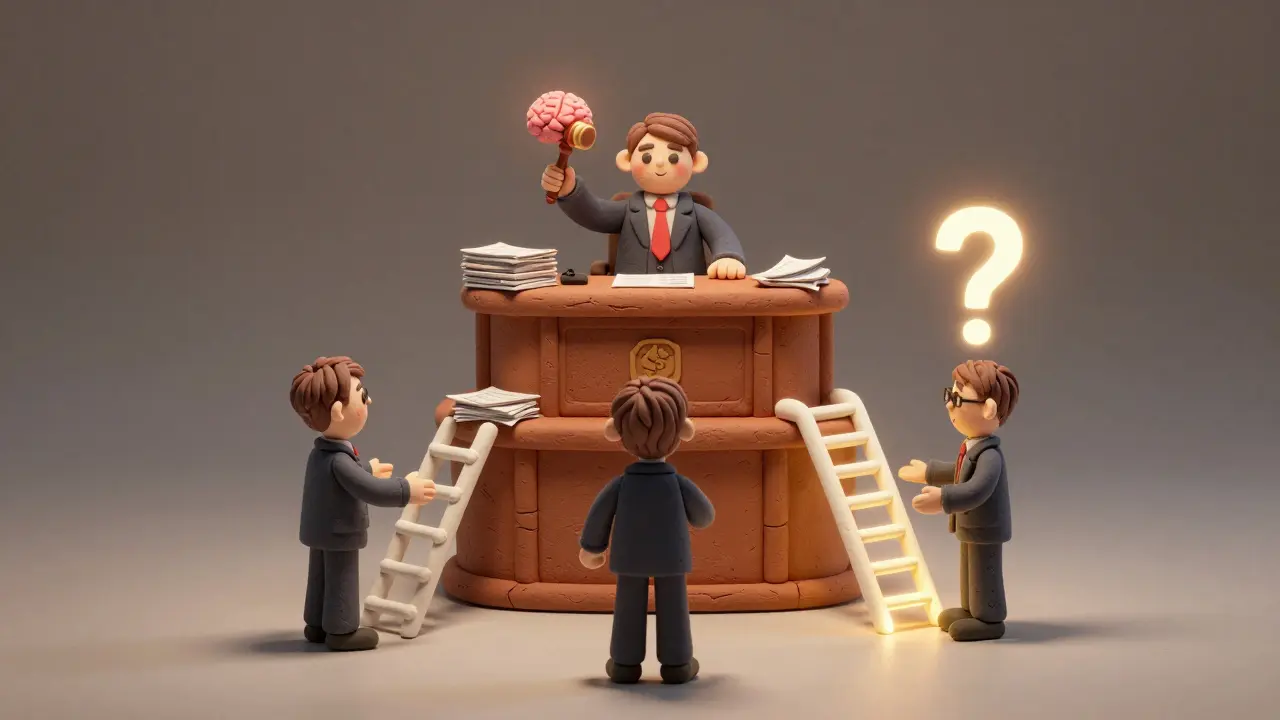 Un juge en argile juge des arguments représentés par des structures de raisonnement lumineuses.