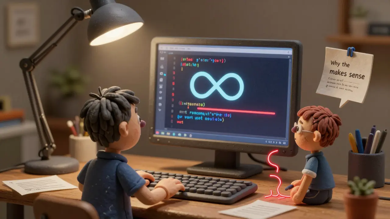 Un programmeur en argile confronté à une boucle infinie de code Python avec une version de lui-même en miroir.