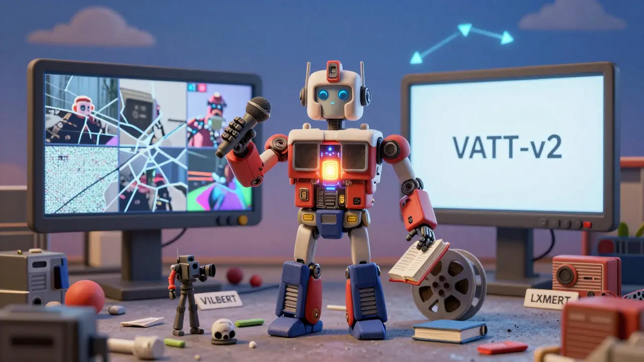 Un robot en argile avec quatre capteurs alimente un noyau Transformer, entouré de vidéos défectueuses et d'un écran clair marqué VATT-v2.