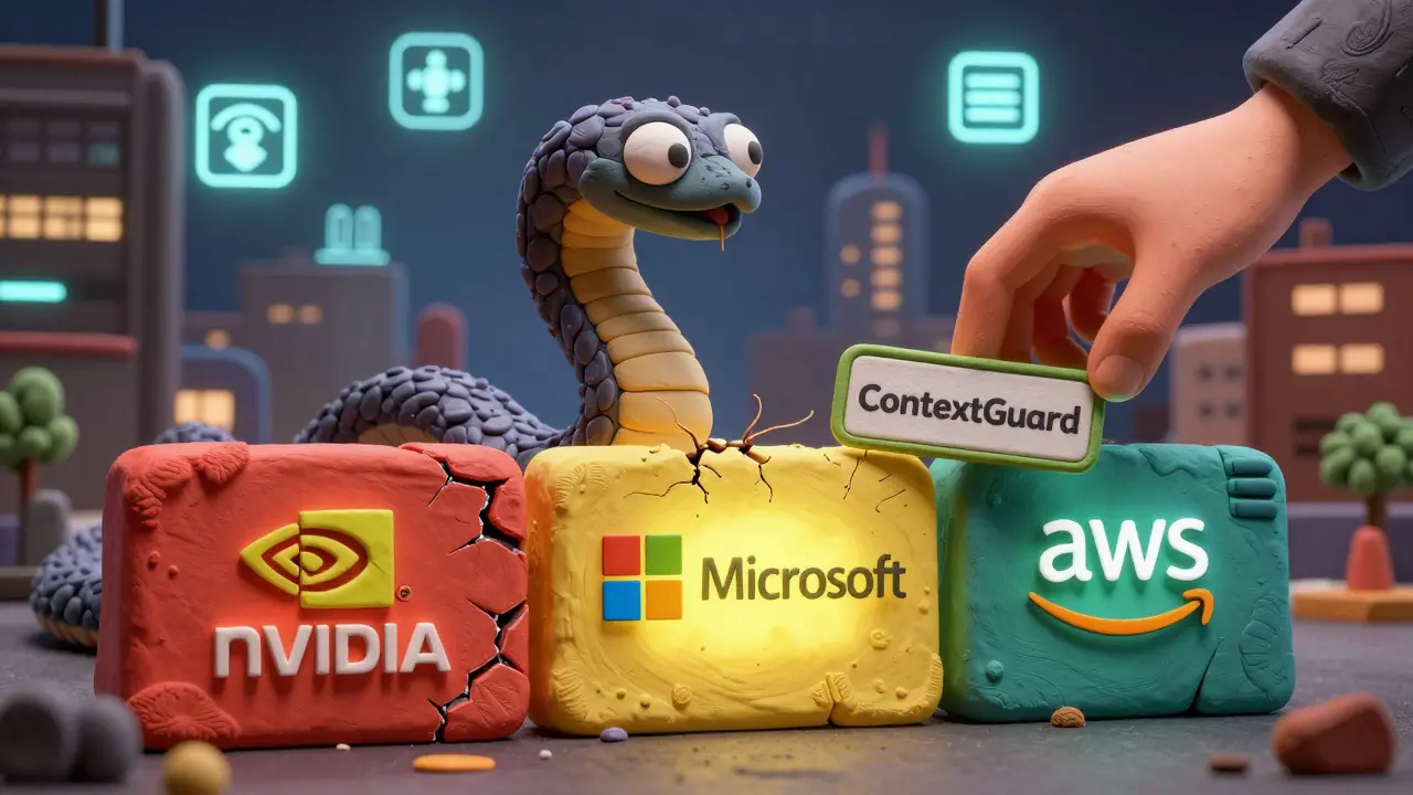 Un serpent de requête malveillante est bloqué par trois barrières de garde-fous, tandis qu'une main corrige le système.