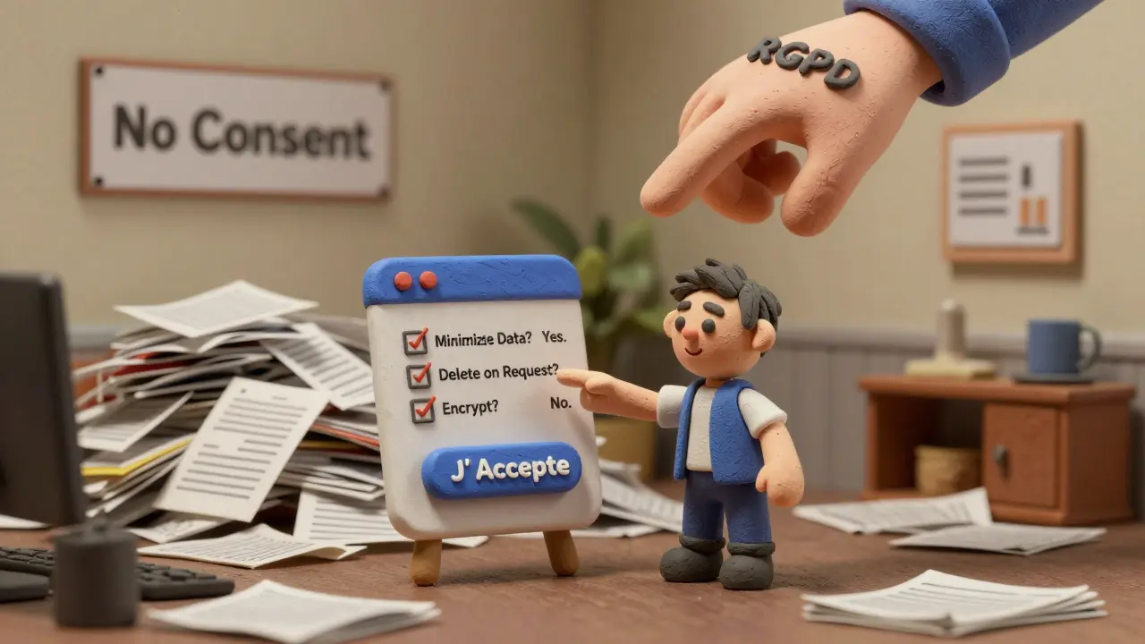 Un utilisateur cliquant sur 'J'accepte' tandis que des données personnelles s'accumulent sans consentement.