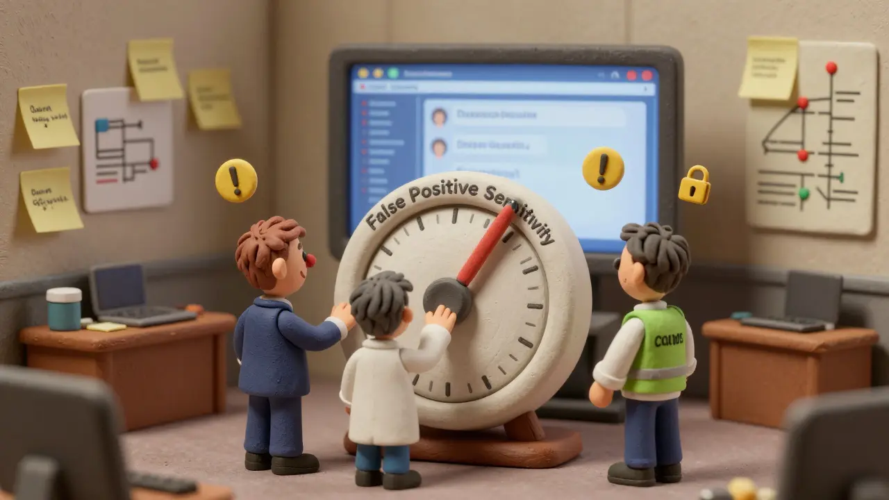 Une équipe en argile ajuste une manette de sensibilité pour réduire les faux positifs dans un bureau de contrôle.