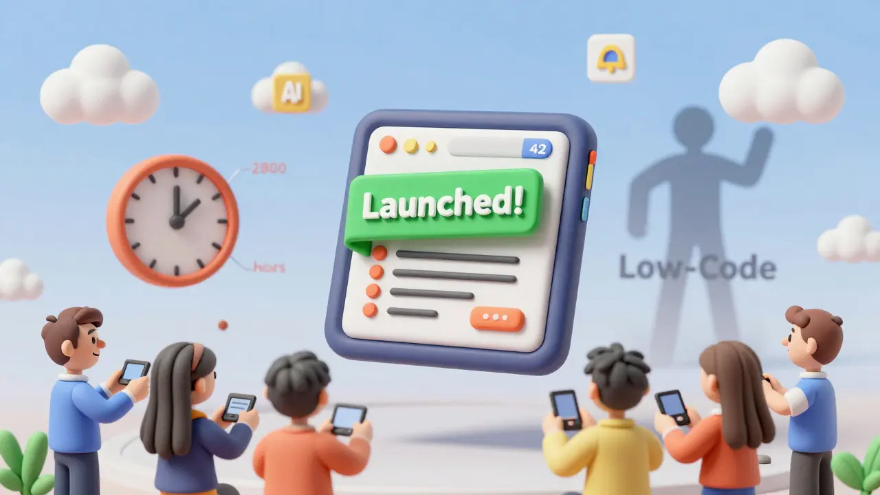 Une équipe en argile célèbre le lancement de leur MVP, tandis qu'une horloge fond de 280 à 42 heures.