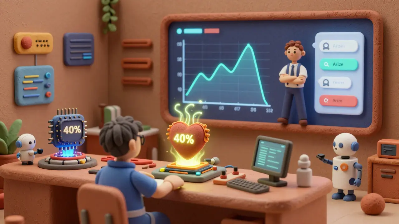 Une salle d'opérations en argile avec des puces GPU qui pulsent, des graphiques de latence et des ingénieurs ajustant un tableau de bord IA.