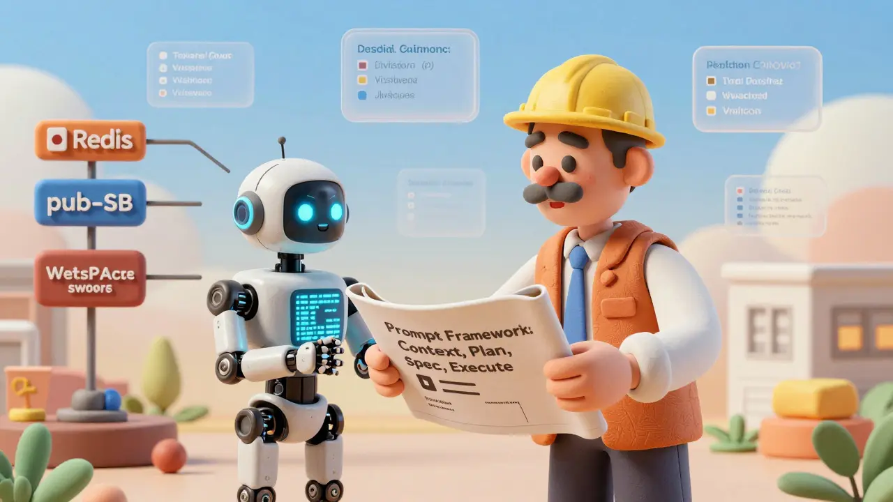 Architecte en argile guide un robot IA vers un plan structuré pour une architecture événementielle.