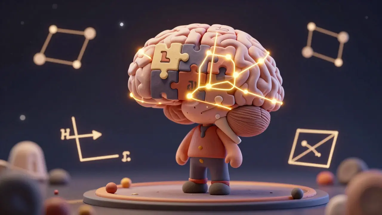 Cerveau en argile avec pièces de puzzle formant des problèmes logiques complexes