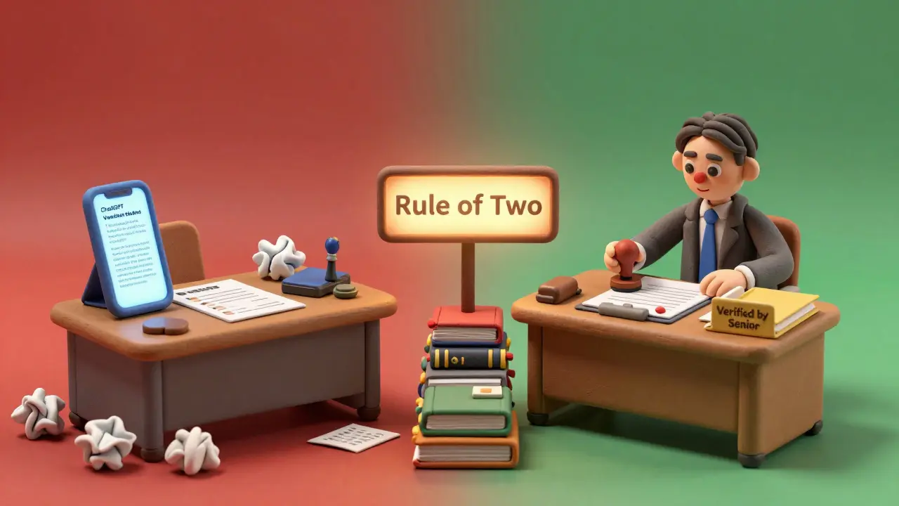 Deux bureaux contrastés : chaos avec IA vs. ordre avec vérification manuelle, séparés par un pont de livres juridiques.