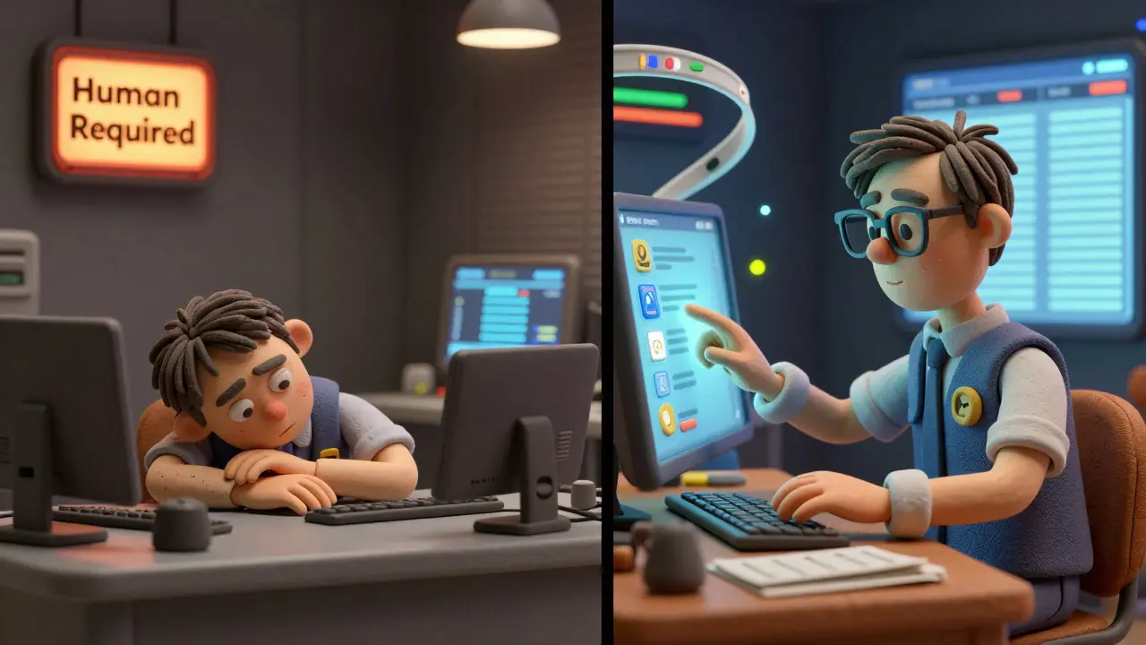 Deux opérateurs : l'un néglige une alerte, l'autre intervient activement dans un système d'IA contrôlé par l'humain.