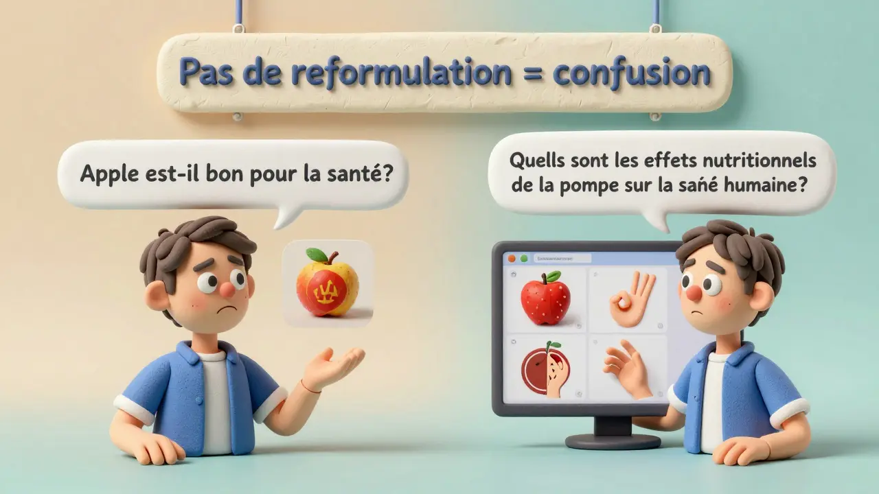 Deux réponses à 'Apple est-il bon pour la santé ?' : une confuse, l'autre précise, en style argile 3D.
