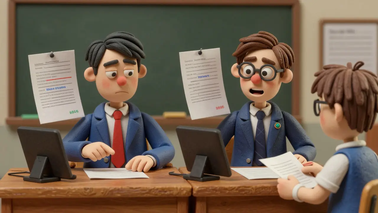 Deux robots IA jugent la même copie avec des notes différentes, un élève les observe avec inquiétude.