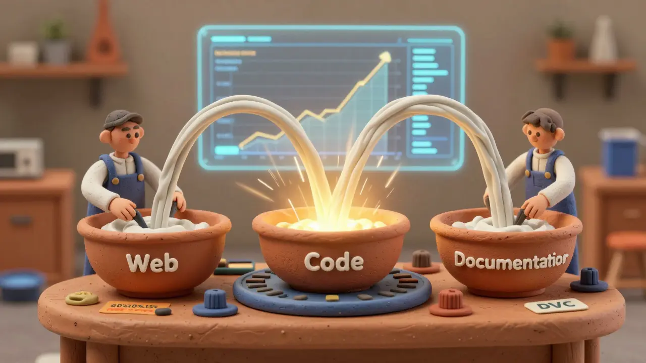 Mélange dynamique de données web, code et documentation dans un tambour tournant en argile, contrôlé par un ingénieur miniature.