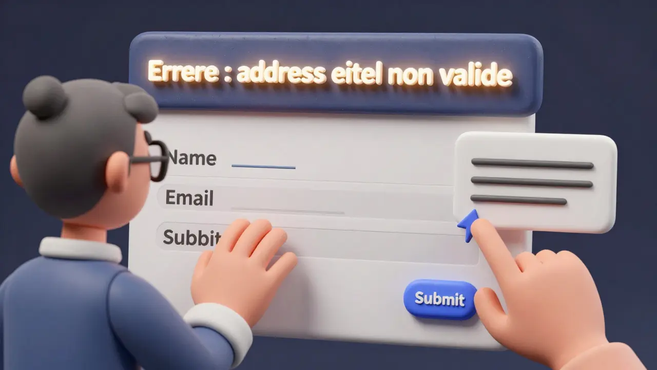 Personne utilisant un lecteur d'écran qui entend une erreur d'adresse email, avec un clavier qui montre l'ordre de navigation.