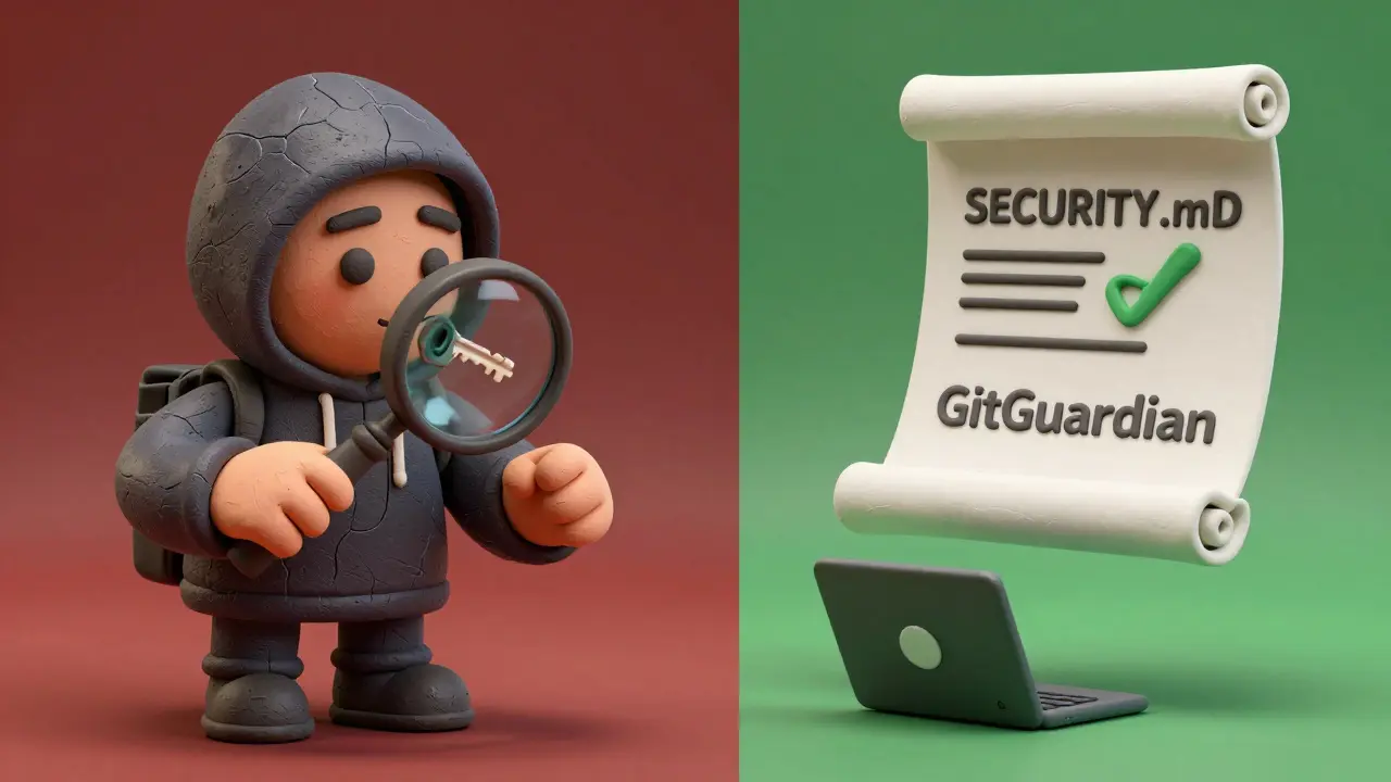 Scène divisée : un pirate extrait une clé sur GitHub à gauche, un outil de sécurité bloque le commit à droite, en argile.