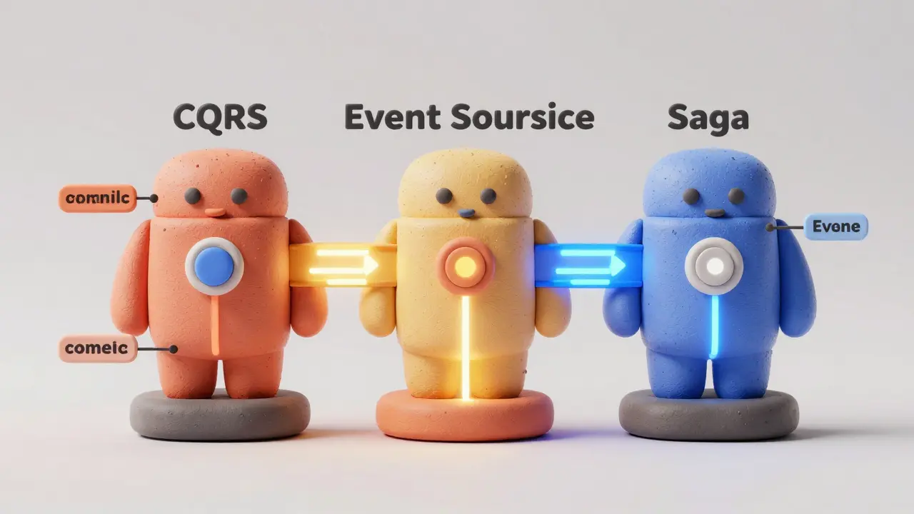 Système architecturé en argile avec trois patrons clairs : CQRS, Event Sourcing et Saga.