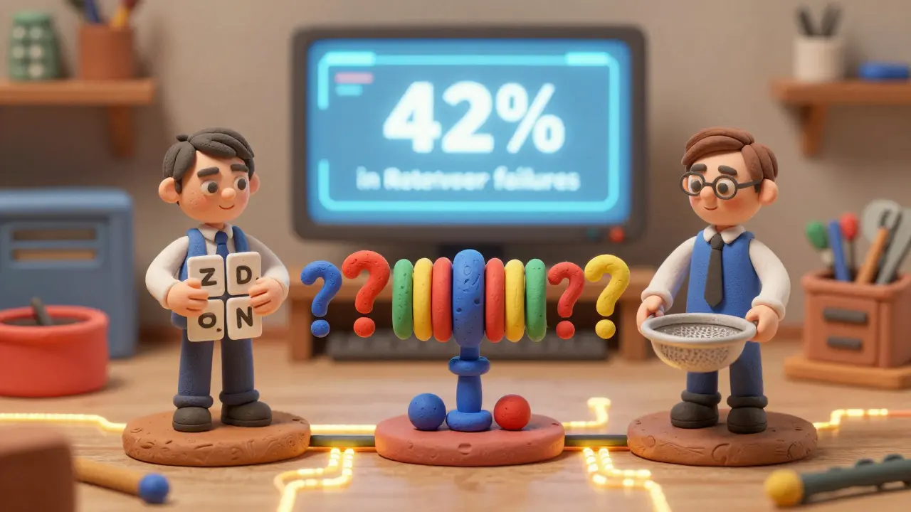 Trois étapes mécaniques en argile : analyse, transformation et validation de requêtes dans un atelier chaleureux.