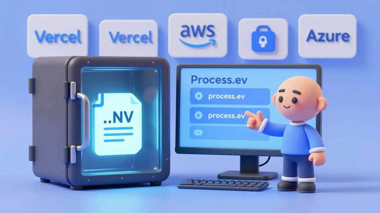 Un coffre-fort en verre contenant un fichier .env sécurisé, avec un assistant IA pointant vers des variables d'environnement.