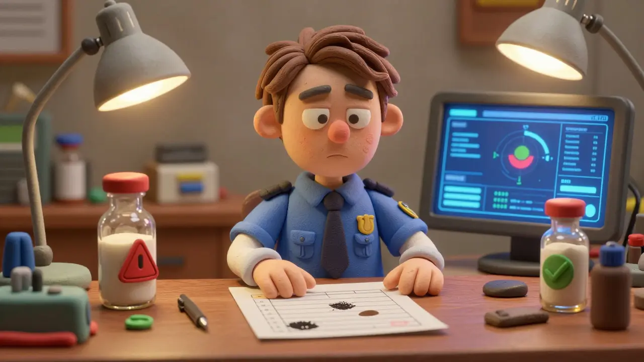 Un inspecteur humain examine des fioles correctes et erronées, entouré d’un tableau de bord de risque, dans un laboratoire en argile.