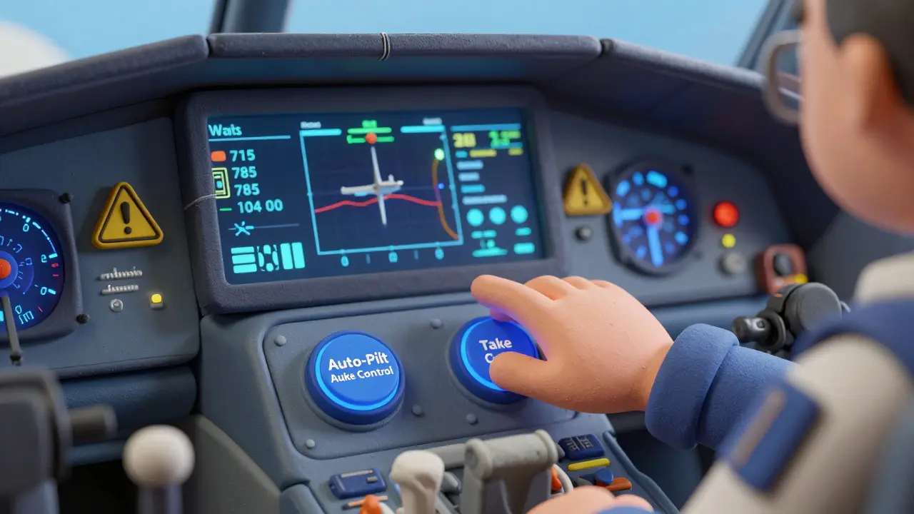 Un pilote hésite devant un panneau de contrôle où l'IA attend son autorisation pour agir.