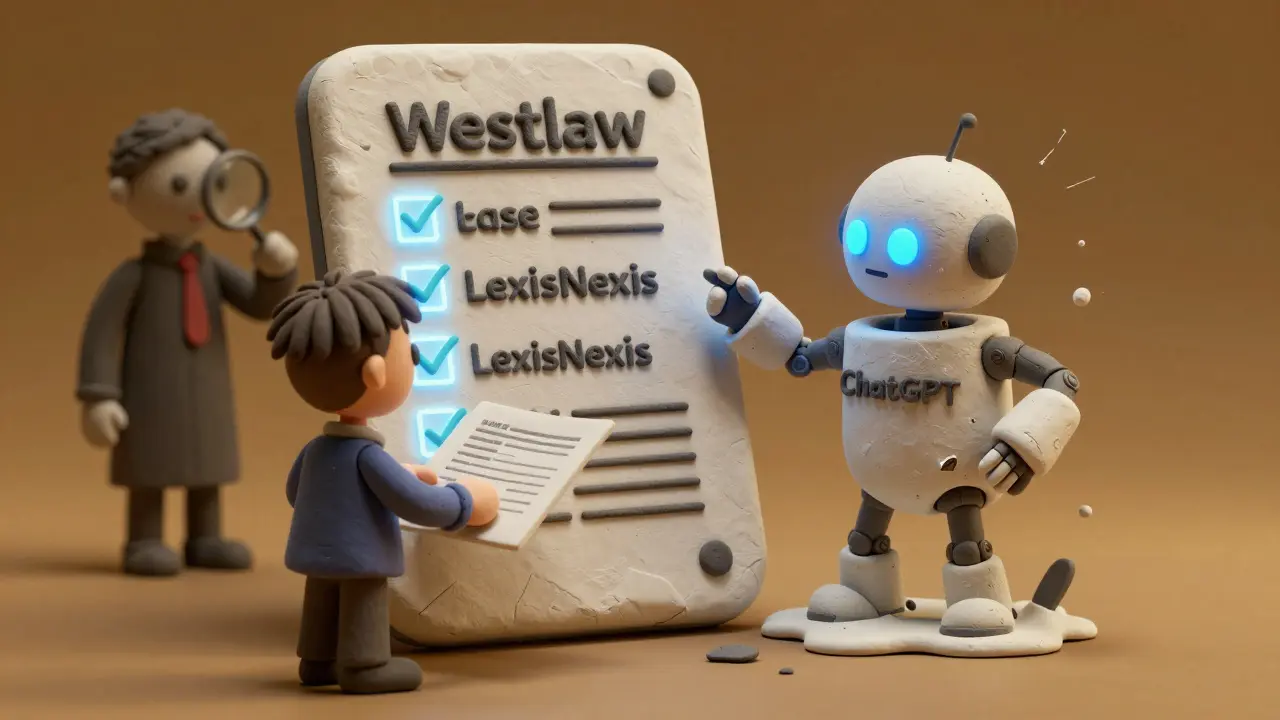 Un robot ChatGPT en argile fond tandis qu'un tableau Westlaw vérifie des cas juridiques avec des coches lumineuses.