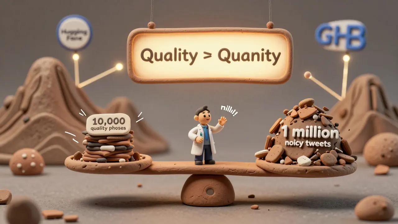 Une balance en argile compare la qualité des données à leur quantité, avec un scientifique ajustant l'équilibre.