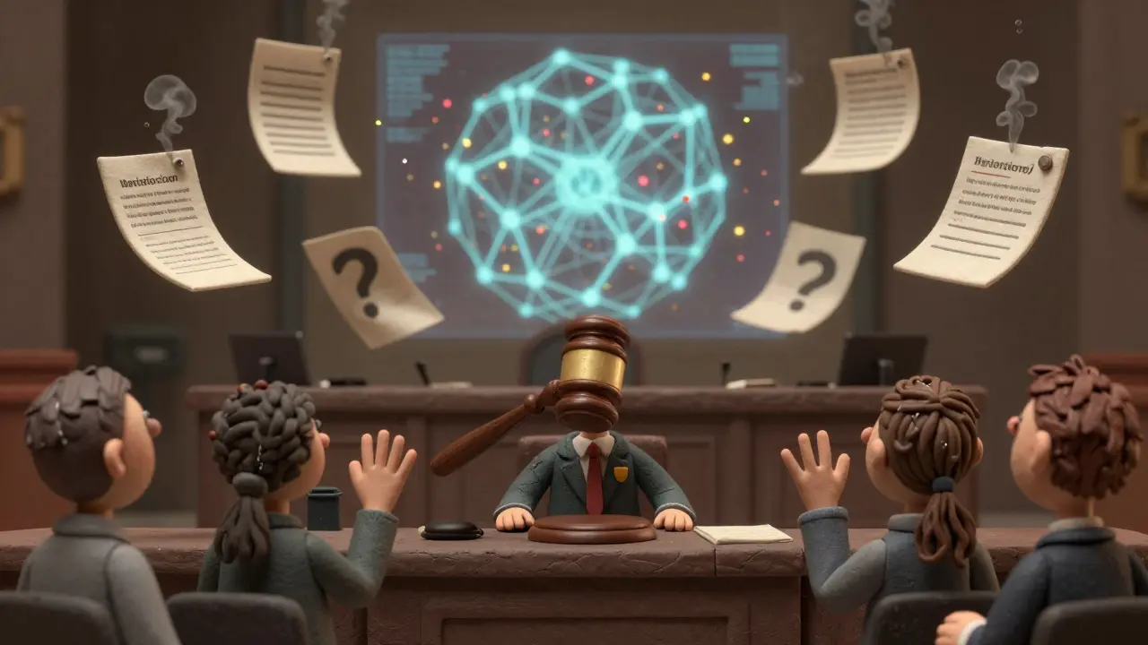 Une cour fictive avec des jurés aux mains déformées et des documents qui s'évanouissent en fumée.