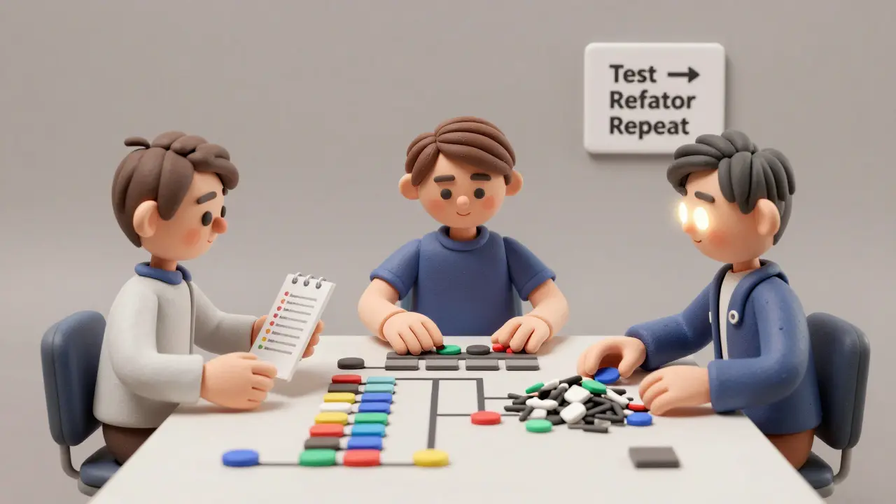 Une équipe humaine et IA collabore pour refactoriser du code avec des composants visuellement harmonieux.