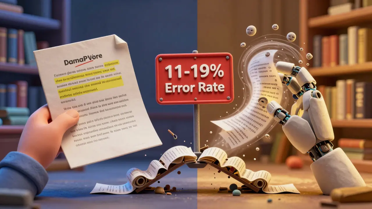 Une main humaine vérifiant un document face à une main robotique générant du texte erroné.