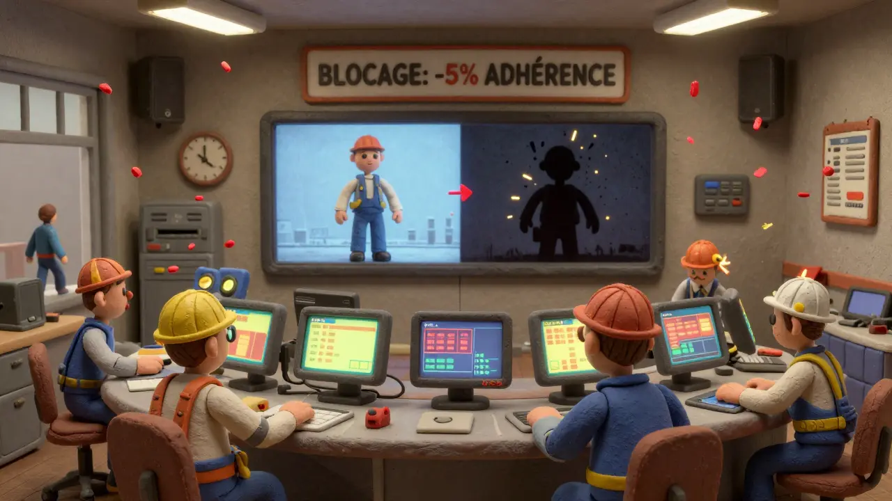 Une salle de contrôle en argile submergée par des alertes rouges, avec un modèle ombre en surcharge.