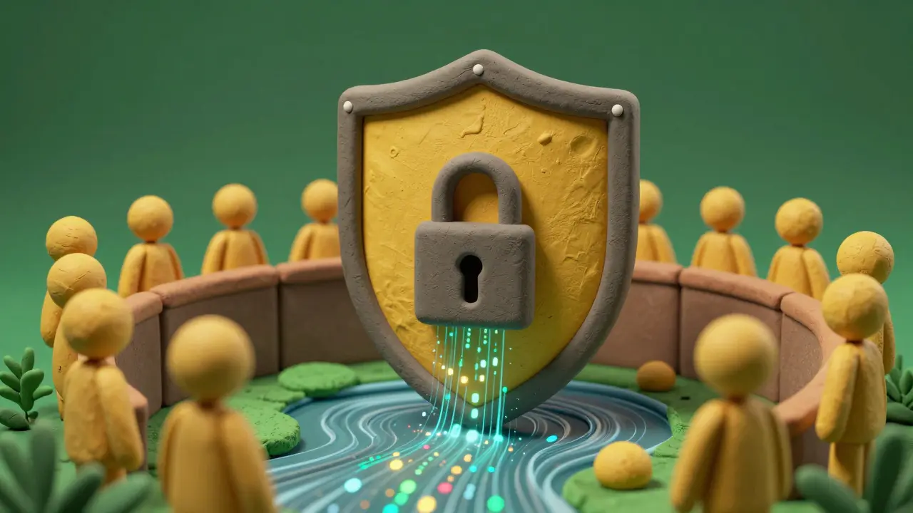 Bouclier de sécurité protégeant un flux de données animé.