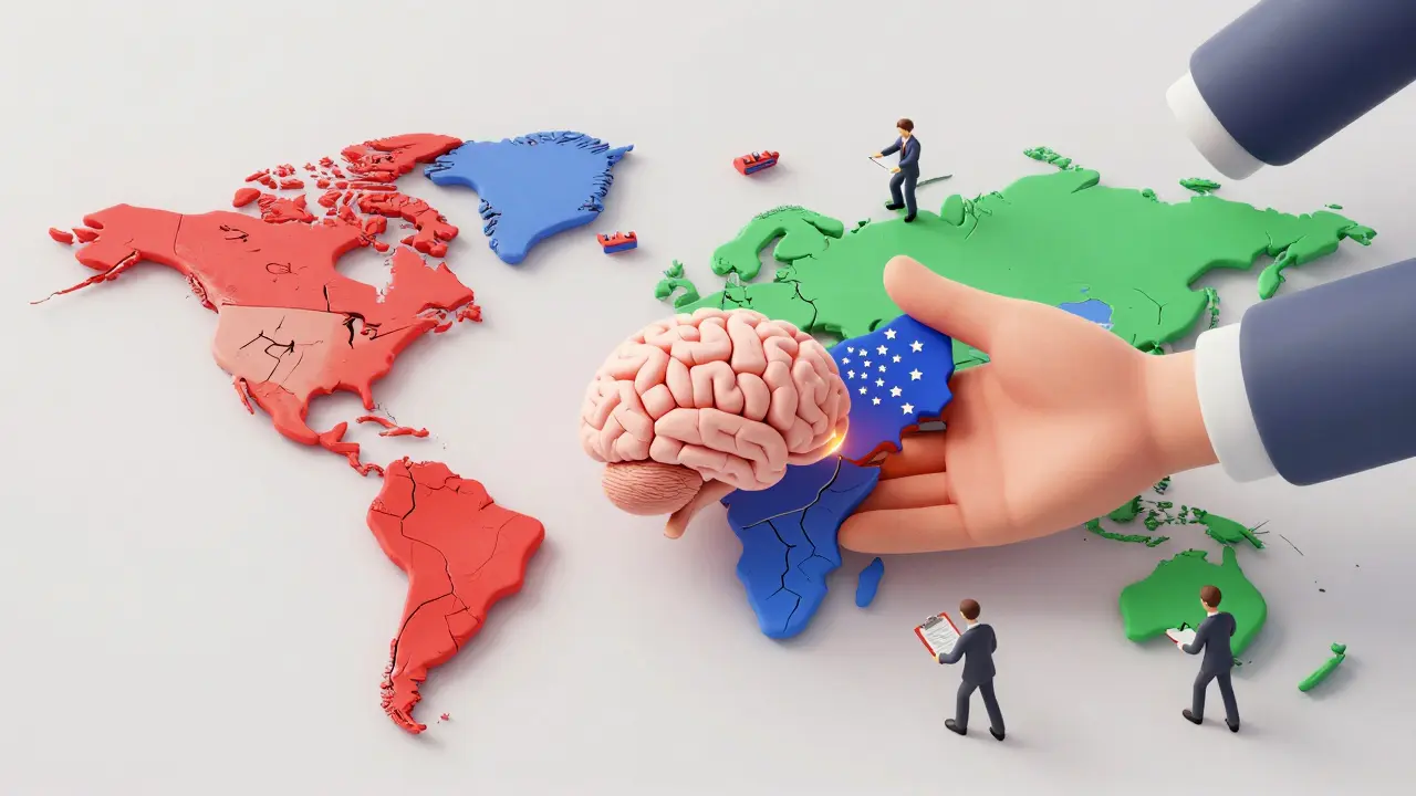 Carte mondiale fragmentée par des réglementations divergentes bloquant un modèle d'IA.