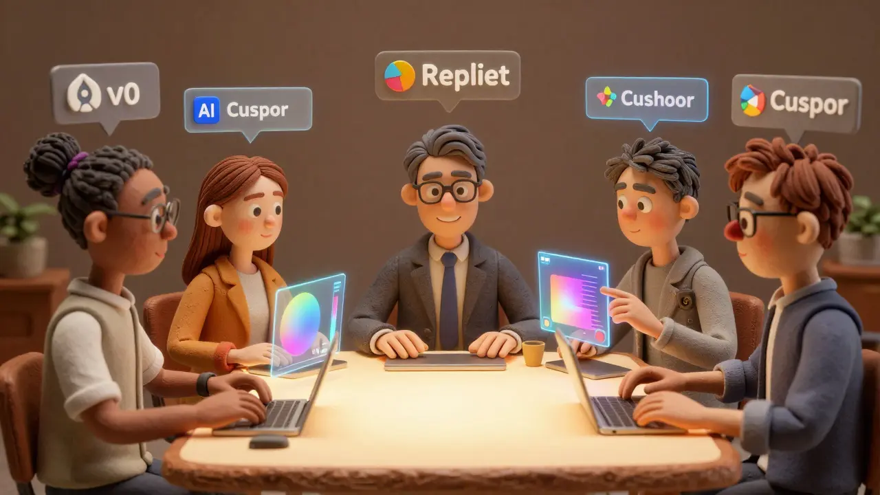 Cinq professionnels interagissent avec des outils d'IA en forme d'hologrammes dans un atelier chaleureux et texturé.