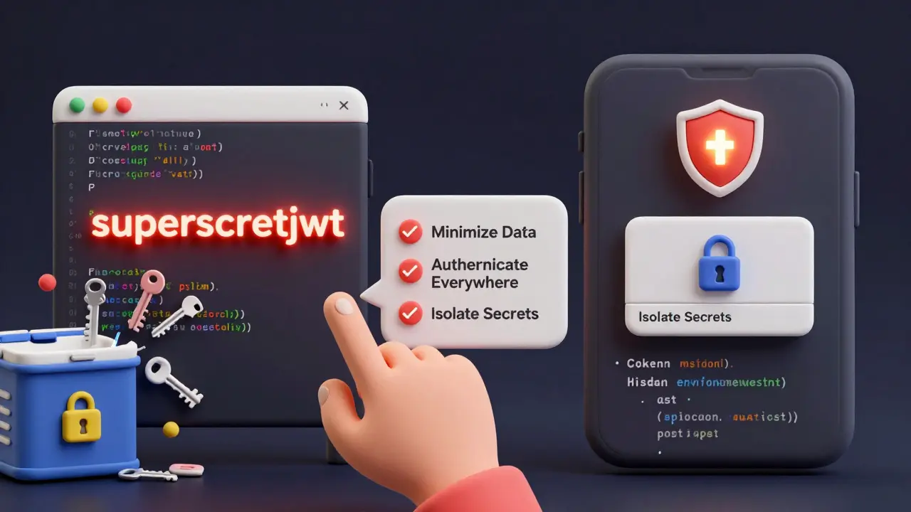 Comparaison entre une application vulnérable avec des clés en clair et une version sécurisée avec variables d'environnement.