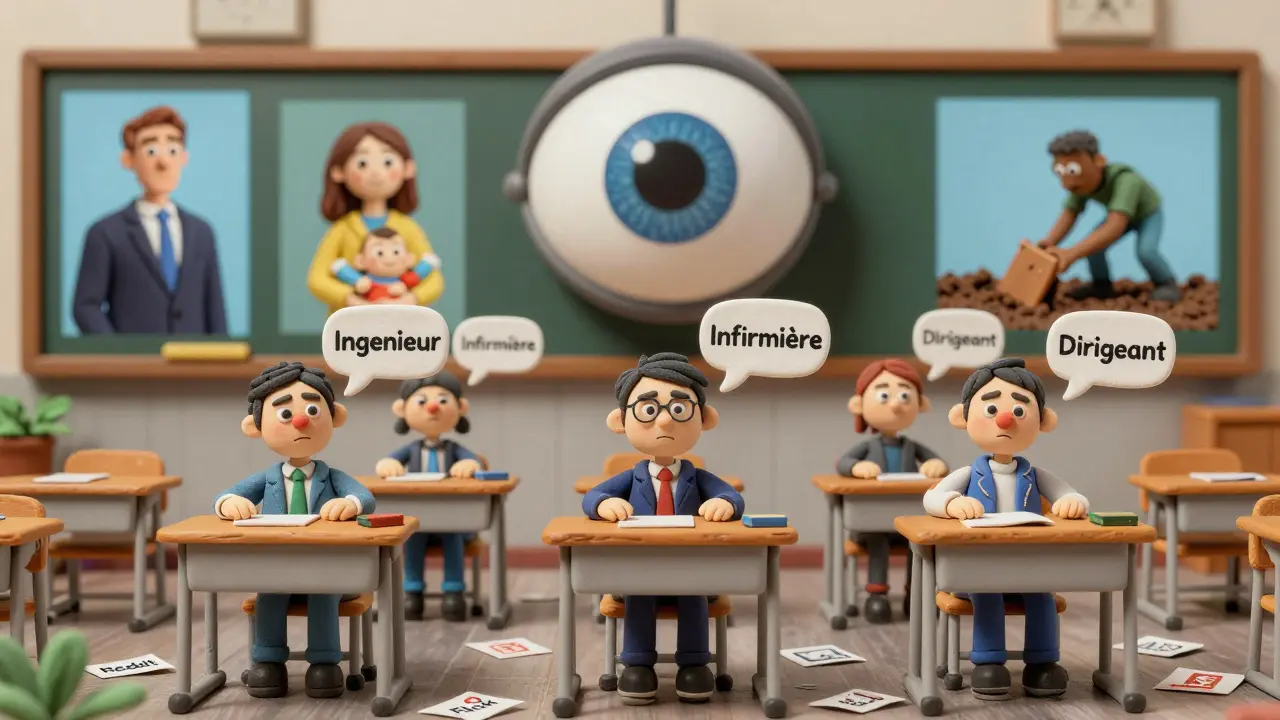 Des figurines en argile regardent des projections stéréotypées projetées par un œil d'IA sur les murs.