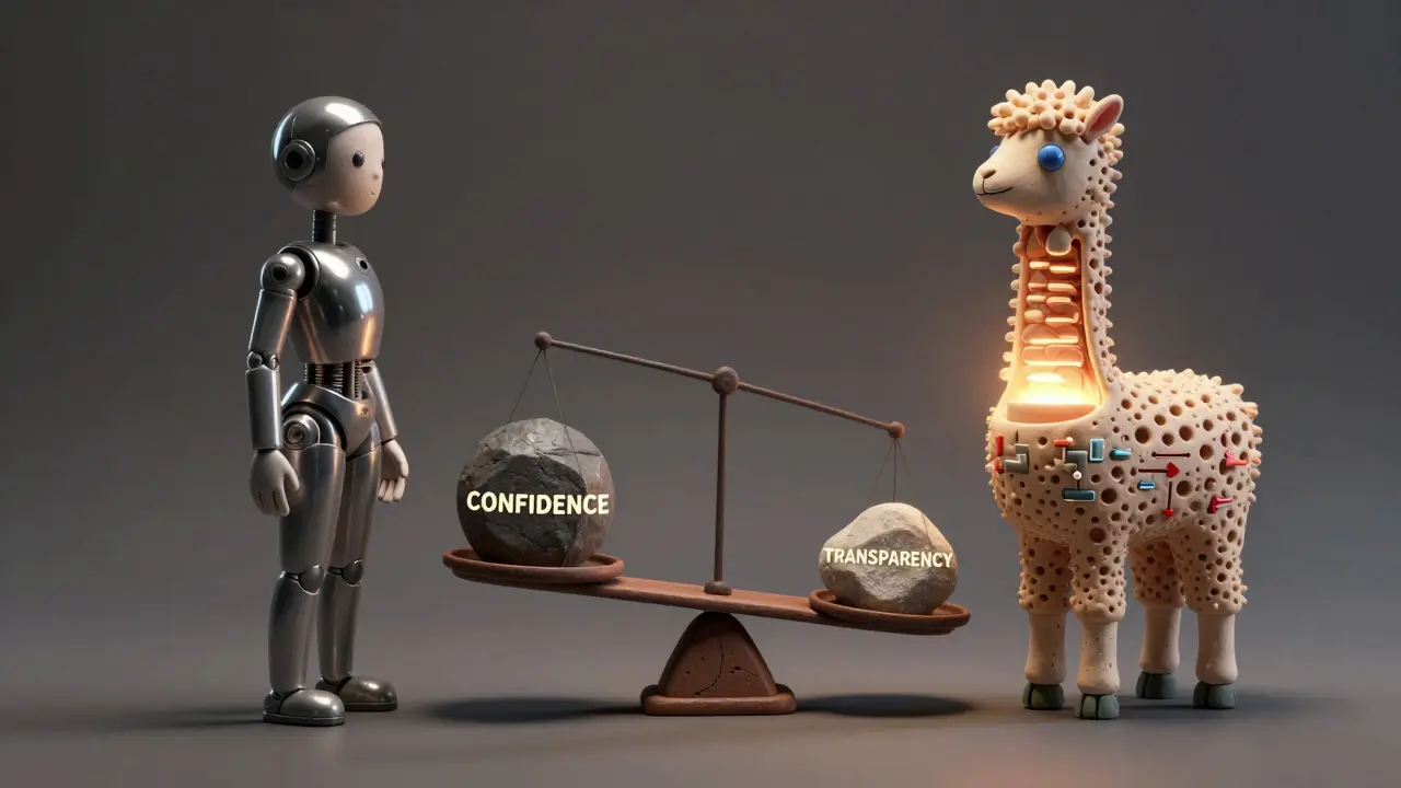 Deux modèles d'IA en argile : l'un fermé et lisse, l'autre ouvert révélant ses données internes, face à une balance entre confiance et transparence.
