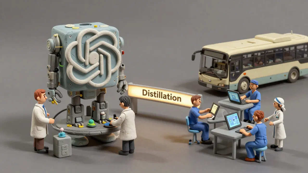 Deux mondes connectés : des professionnels utilisent des modèles d’IA géants ou distillés, représentés en argile.