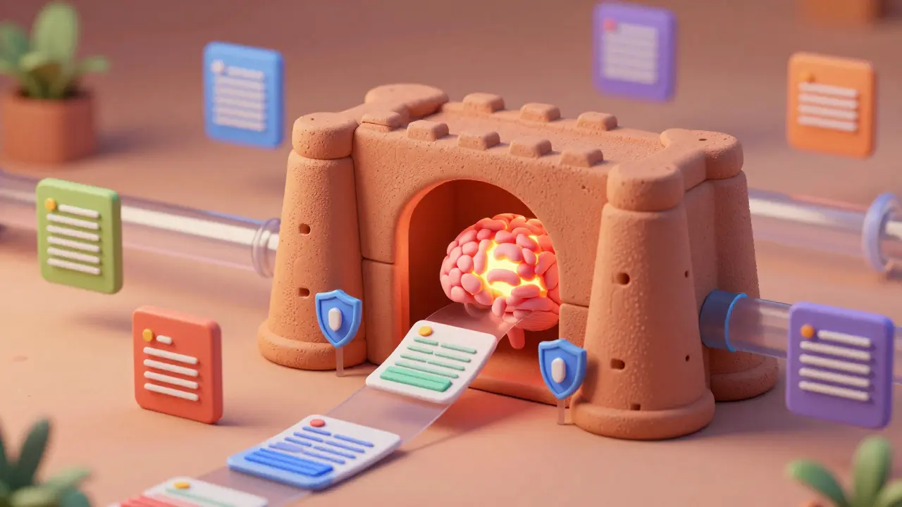 Données en forme de blocs argiles entrant dans un coffre-fort sécurisé connecté.