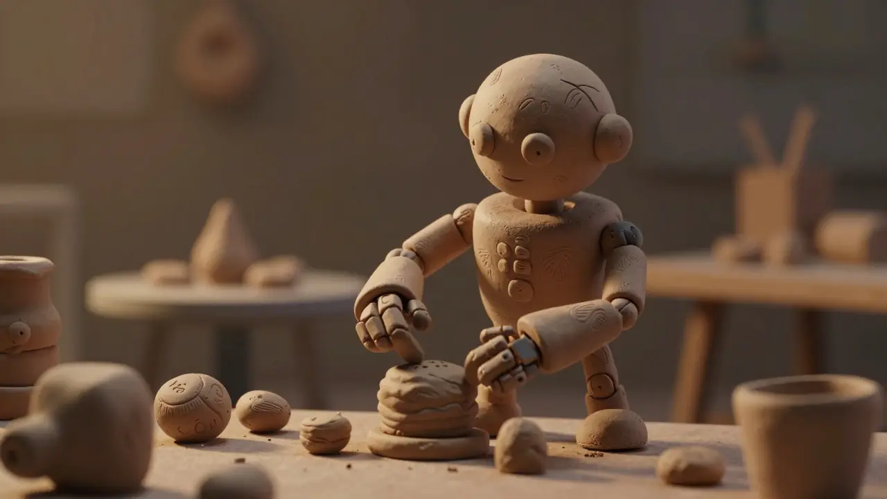 Robot en argile exécutant des tâches autonomes dans un espace miniature.