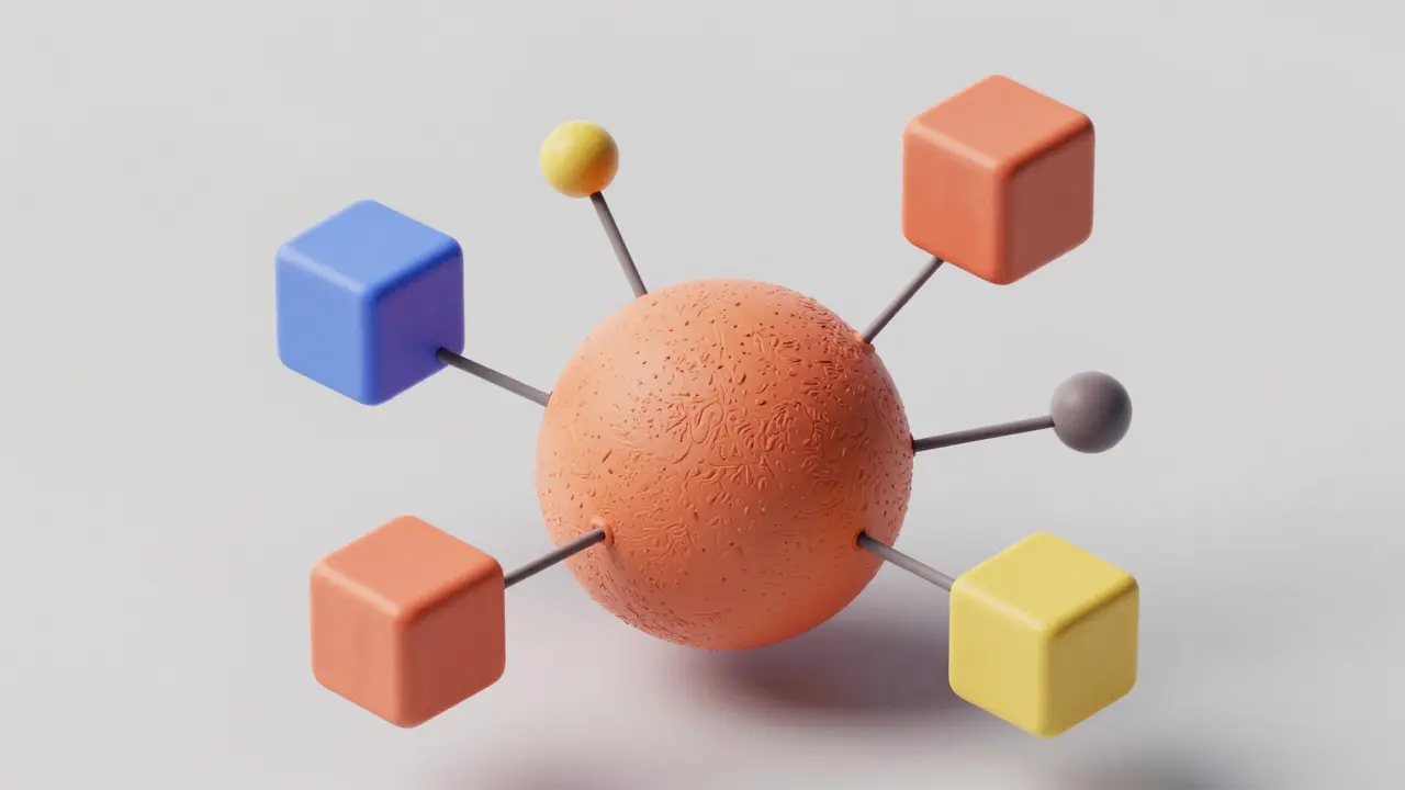 Sphère centrale en argile connectée à des modules de mémoire et d'outils.