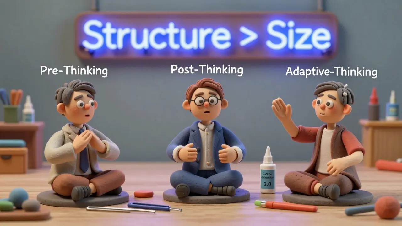 Trois modèles en argile pratiquent différentes méthodes de raisonnement dans un atelier, avec des outils de fine-tuning visibles.