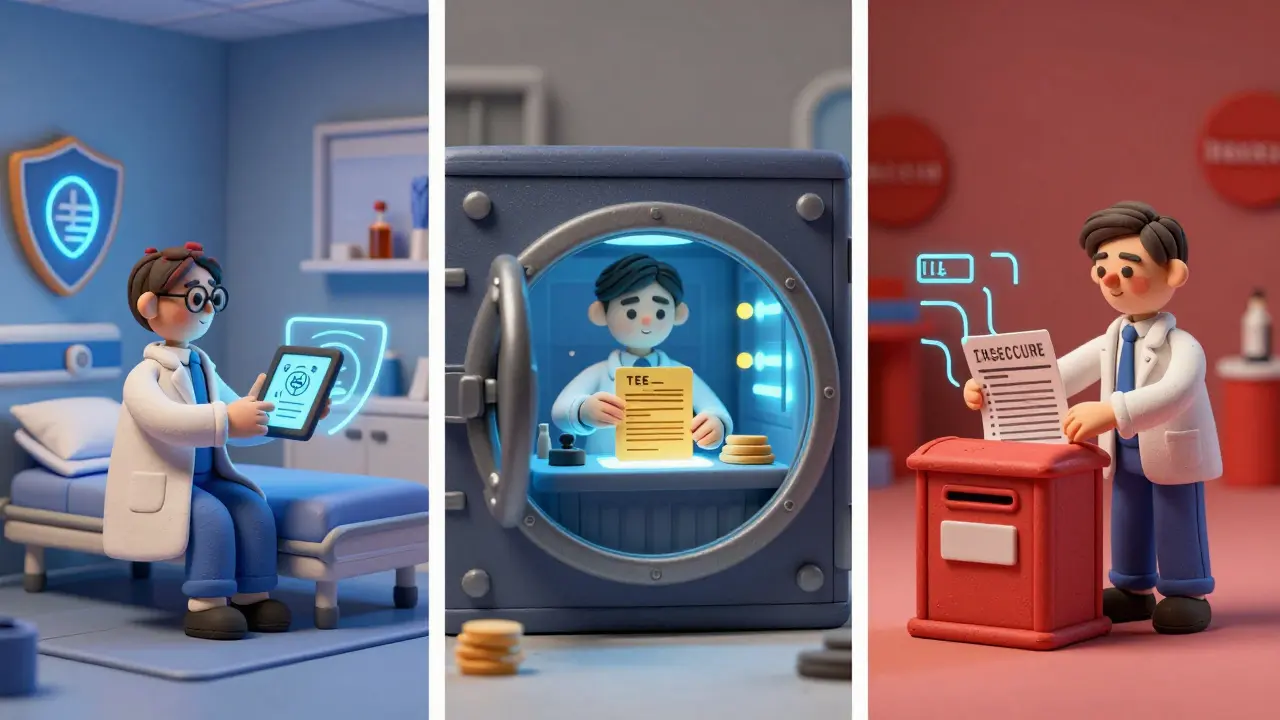 Trois scènes en argile : santé, finance et administration publique utilisant le calcul confidentiel pour protéger les données.