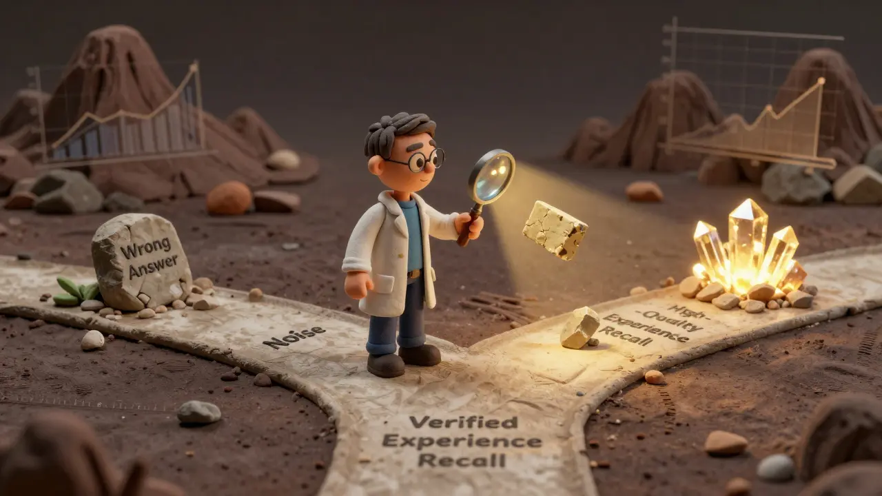 Un agent en argile face à deux chemins de mémoire : l'un rempli de souvenirs erronés, l'autre de souvenirs vérifiés.