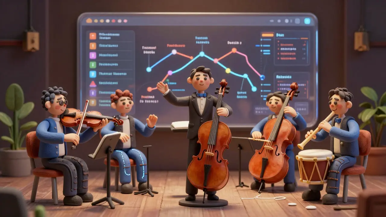 Un chef d'orchestre humain dirige des agents en argile qui jouent des instruments faits de données.