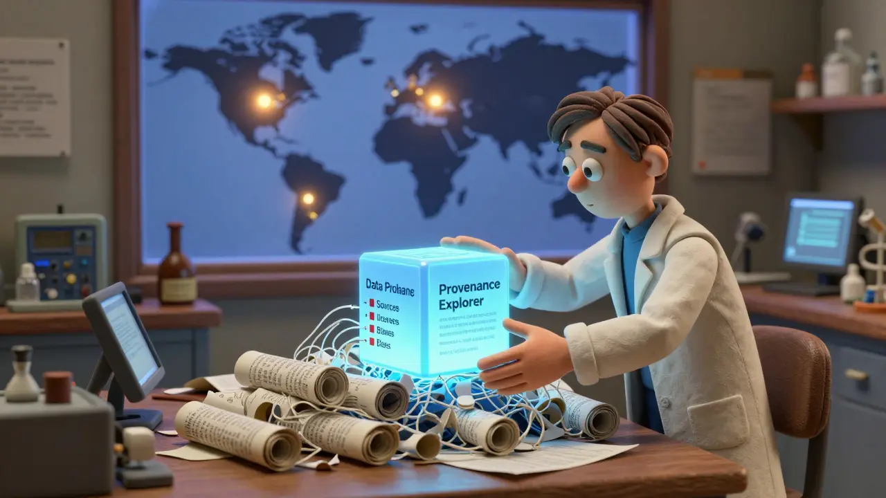 Un chercheur place une boîte lumineuse sur des documents désordonnés, les transformant en fils clairs de provenance et de biais.