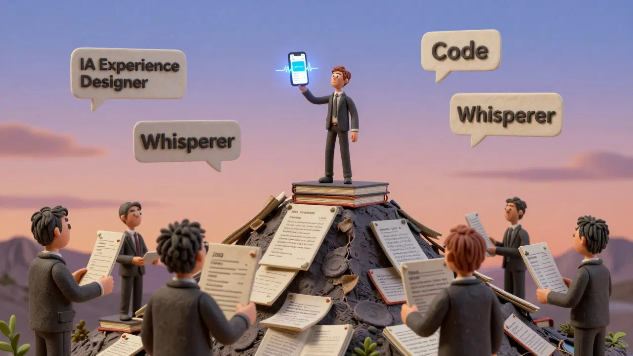 Un créateur surplombe des livres de code obsolètes, tenant un prototype lumineux tandis que de nouveaux métiers flottent dans le ciel.